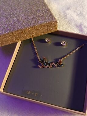 "Love" Script Rainbow Rhinestone Necklace + Stud Earrings NWT IN BOX GIFTABLE